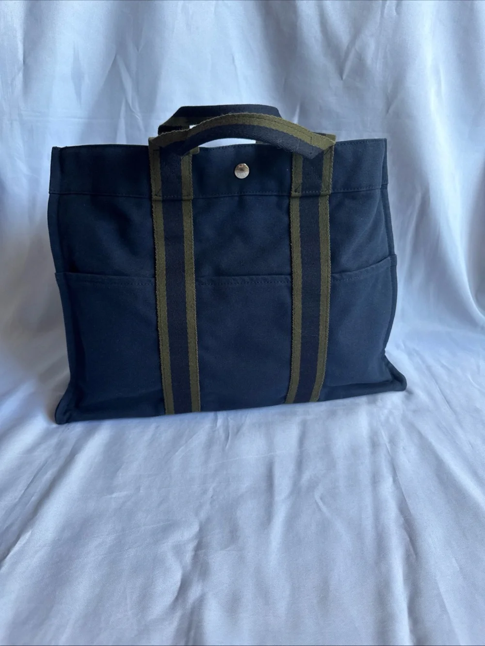 Hermes Navy Canvas Tote with Olive Straps
